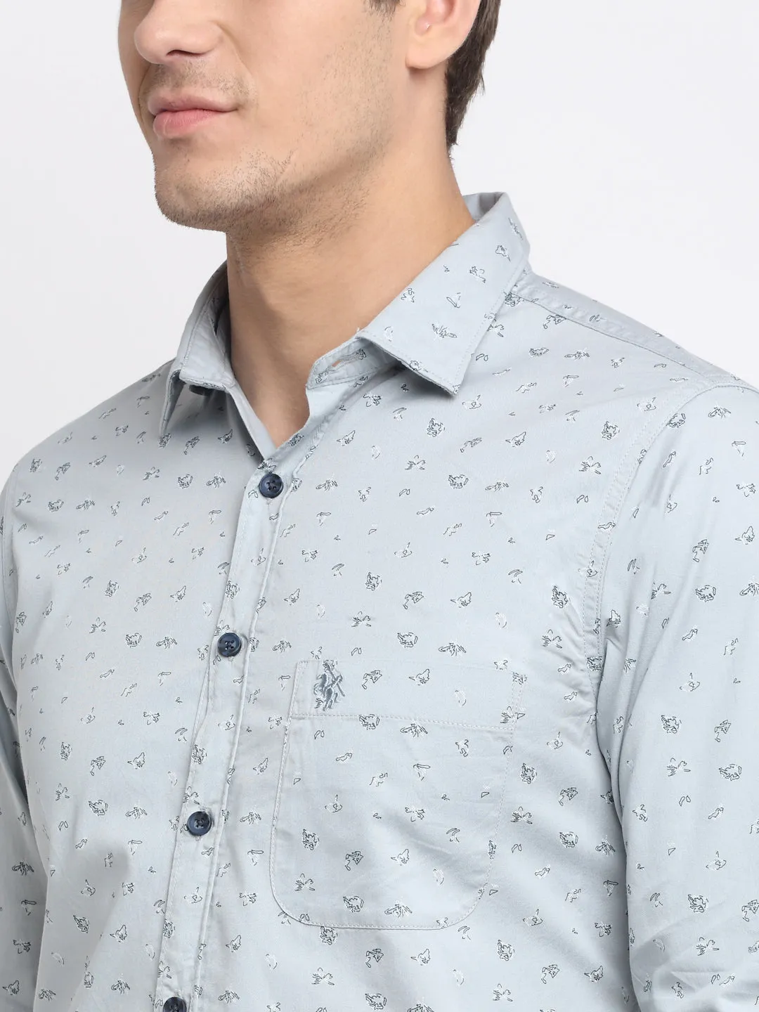 Men's Light Grey Casual Ditsy Print Full Sleeve Shirt