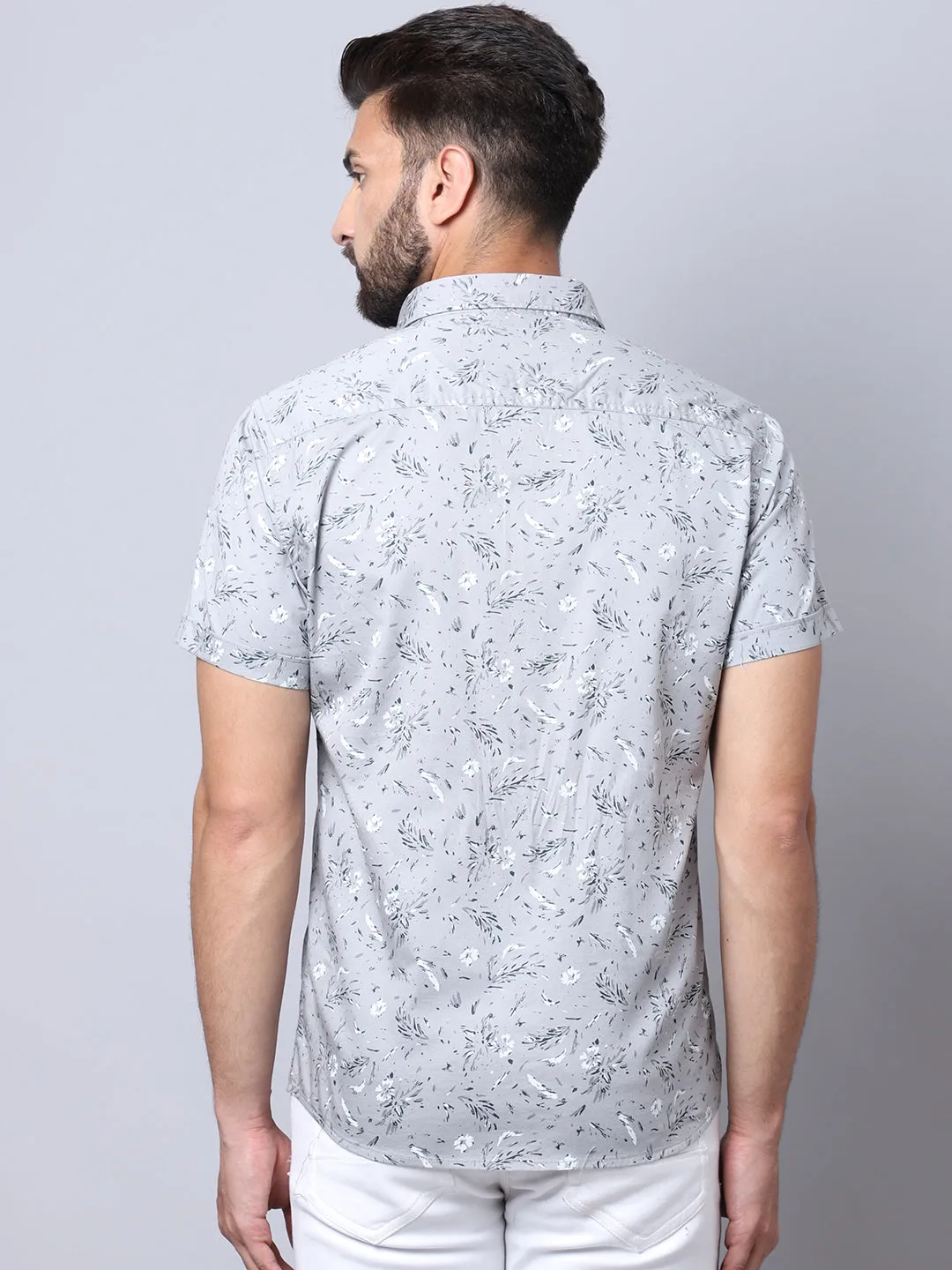 Men's Light Grey Casual Floral Print Half Sleeve Shirt