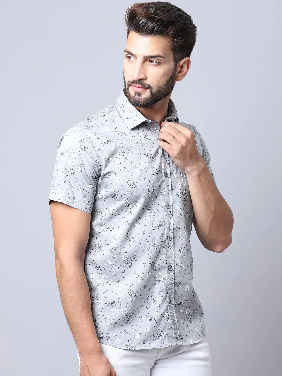 Men's Light Grey Casual Floral Print Half Sleeve Shirt