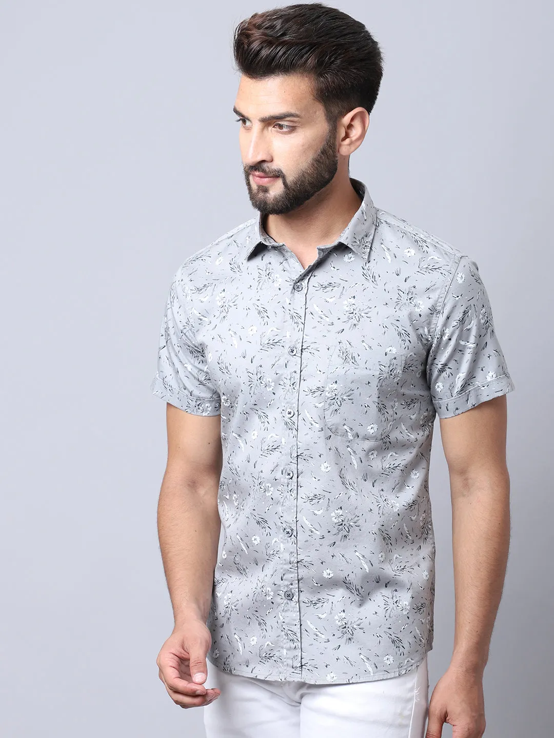 Men's Light Grey Casual Floral Print Half Sleeve Shirt