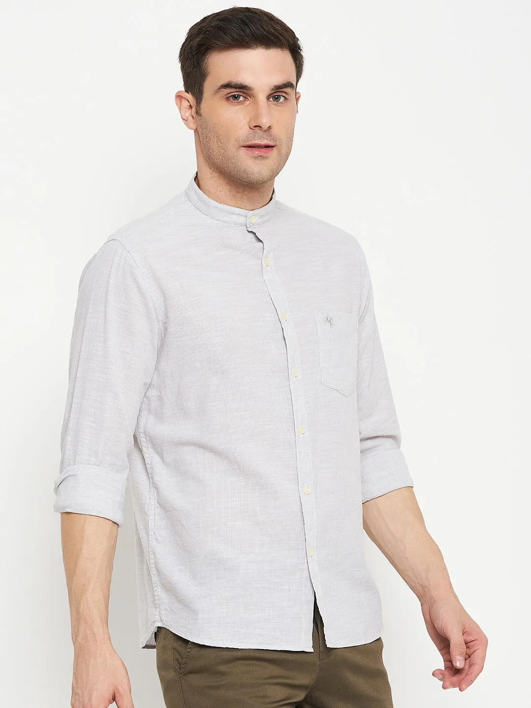 Men's Light Grey Casual Pin Stripe Full Sleeve Shirt