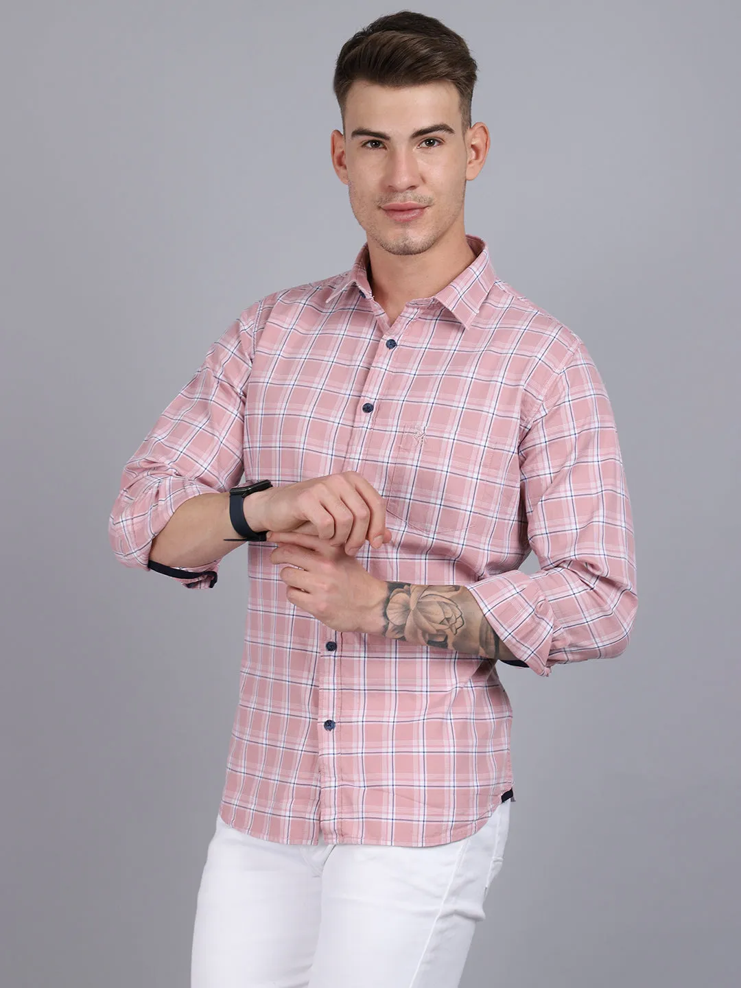 Men's Light Mauve Casual Medium Checks Full Sleeve Shirt