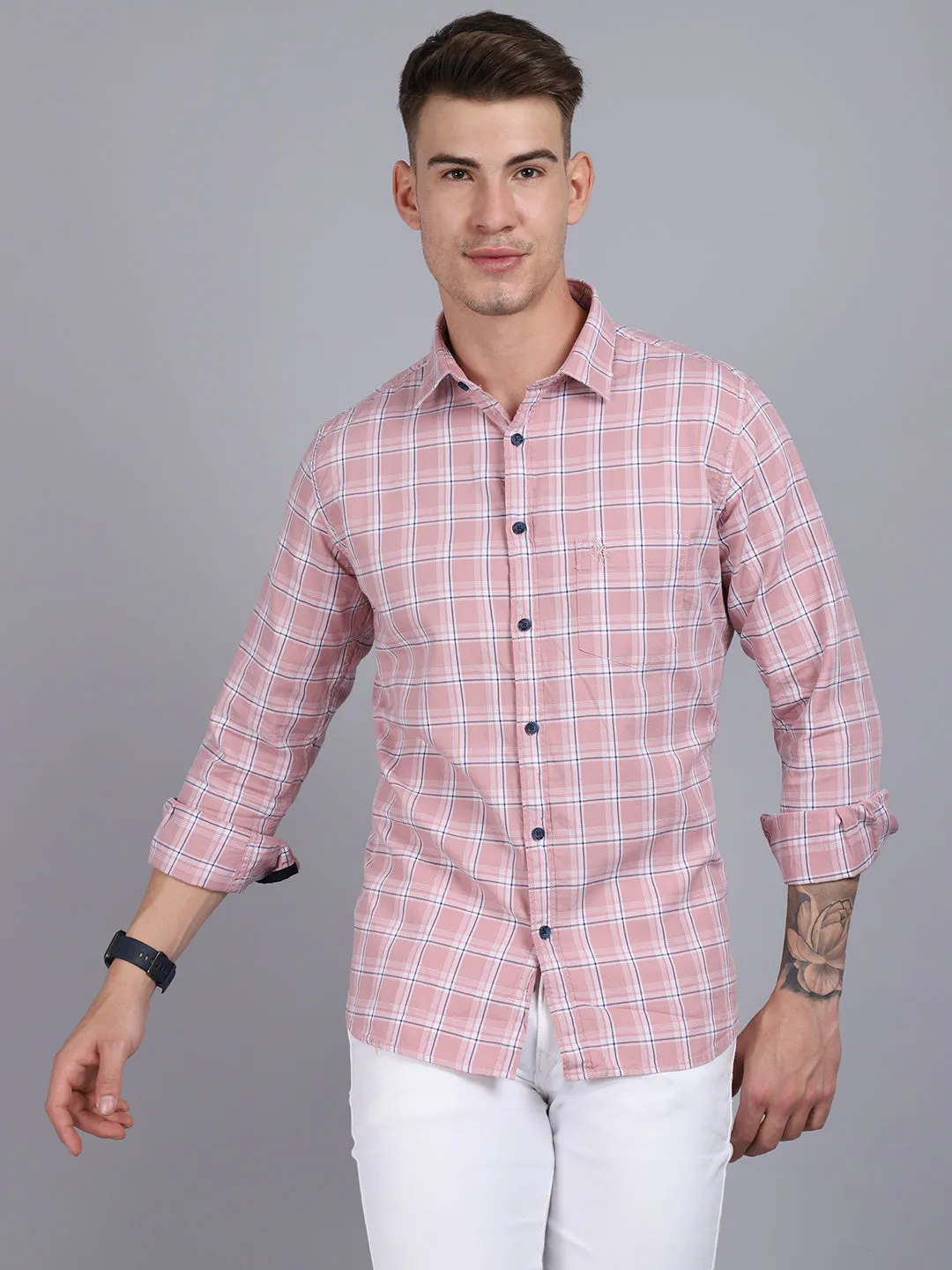 Men's Light Mauve Casual Medium Checks Full Sleeve Shirt