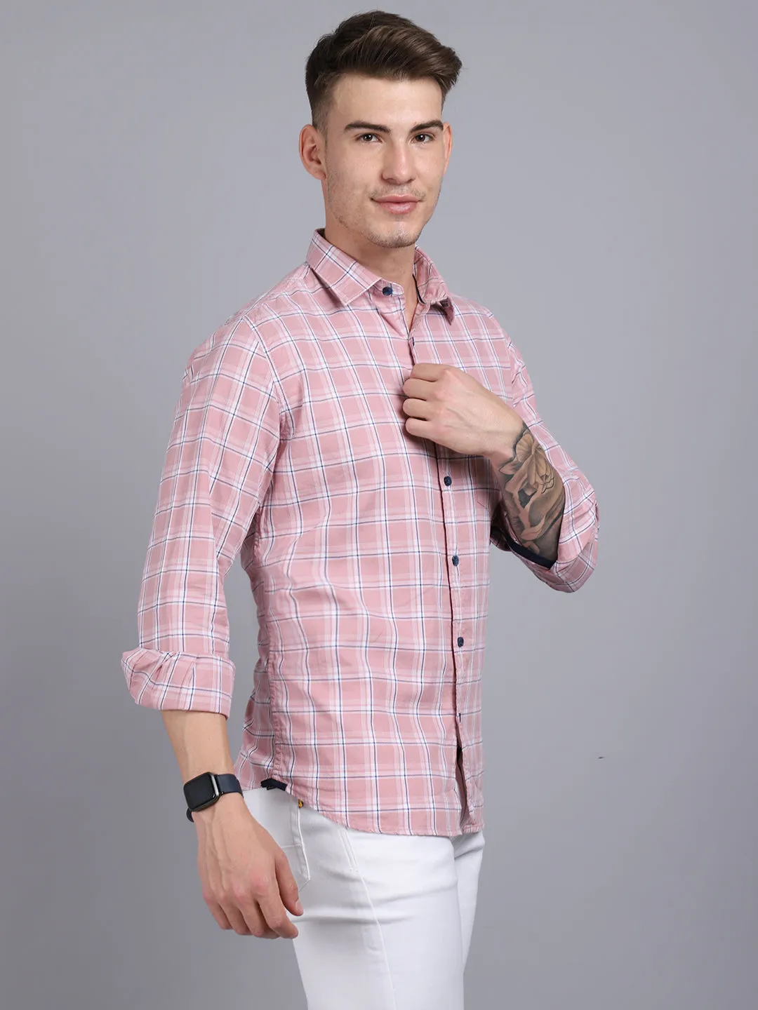 Men's Light Mauve Casual Medium Checks Full Sleeve Shirt