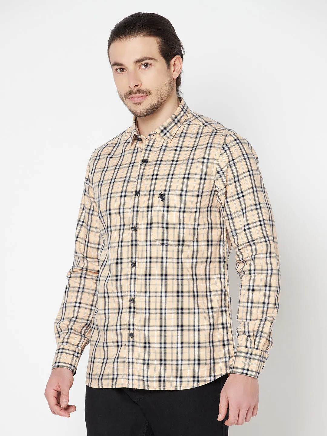 Men's Light Orange Casual Big Checks Full Sleeve Shirt