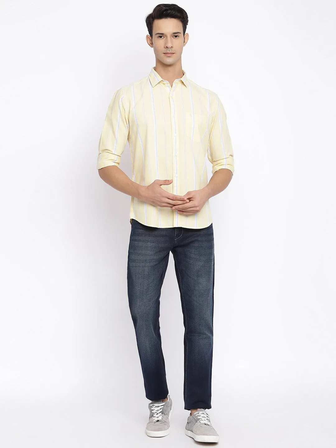 Men's Light Yellow Casual Broad Stripe Full Sleeve Shirt