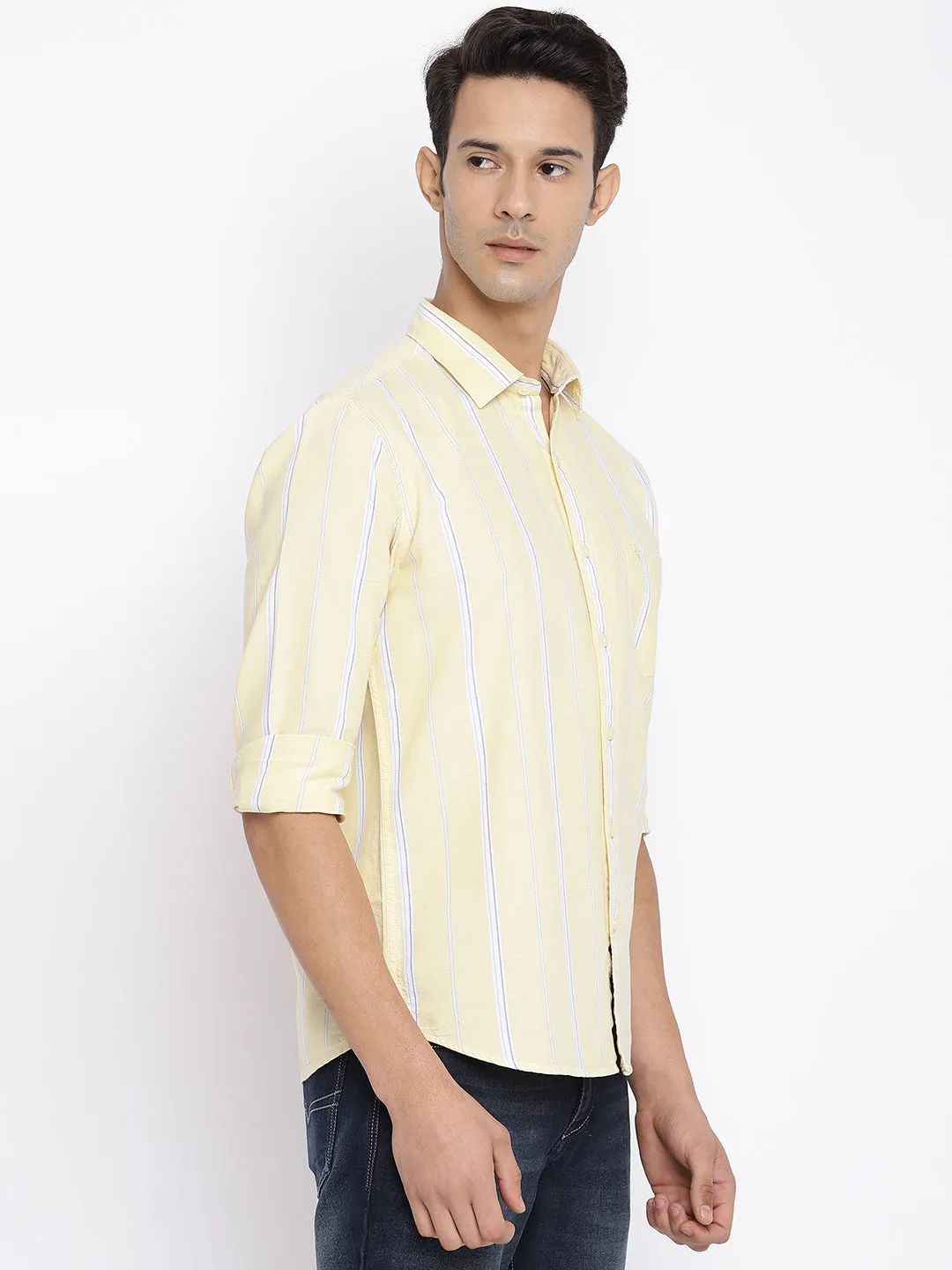 Men's Light Yellow Casual Broad Stripe Full Sleeve Shirt