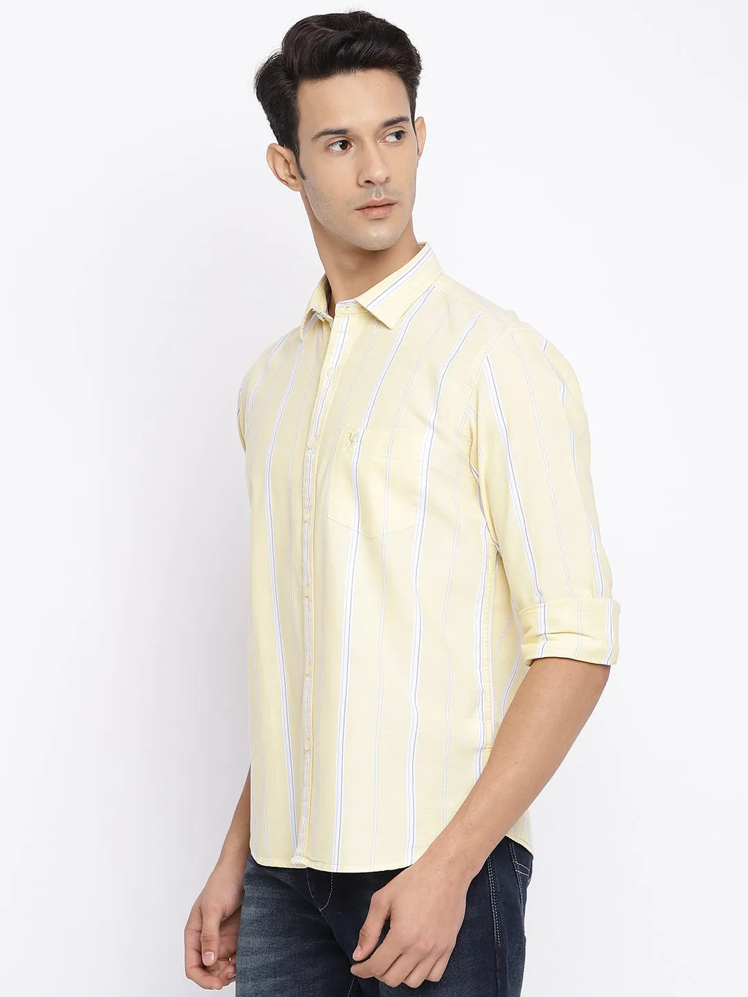 Men's Light Yellow Casual Broad Stripe Full Sleeve Shirt