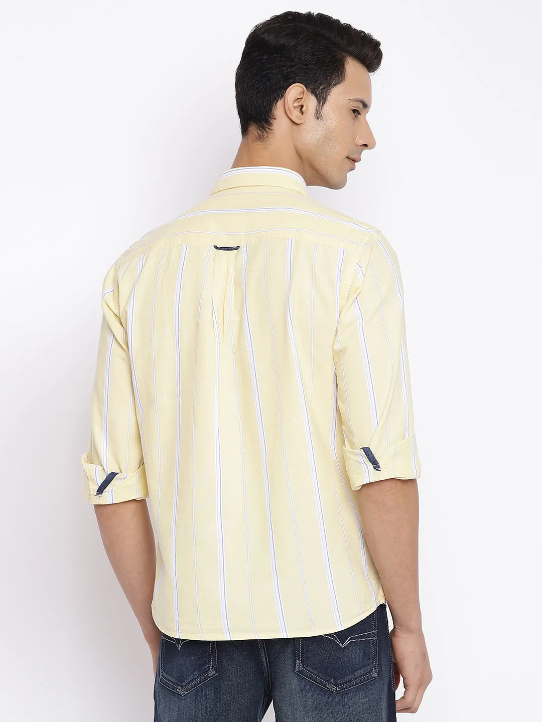 Men's Light Yellow Casual Broad Stripe Full Sleeve Shirt