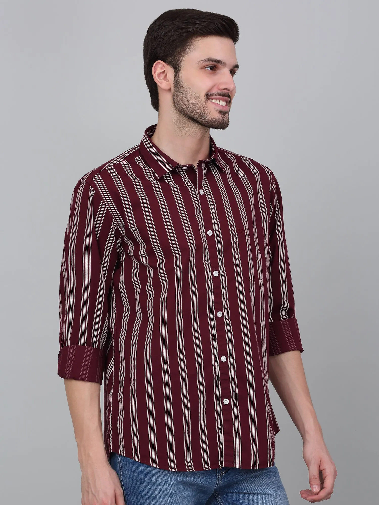 Men's Maroon Striped Full Sleeve Casual Shirt