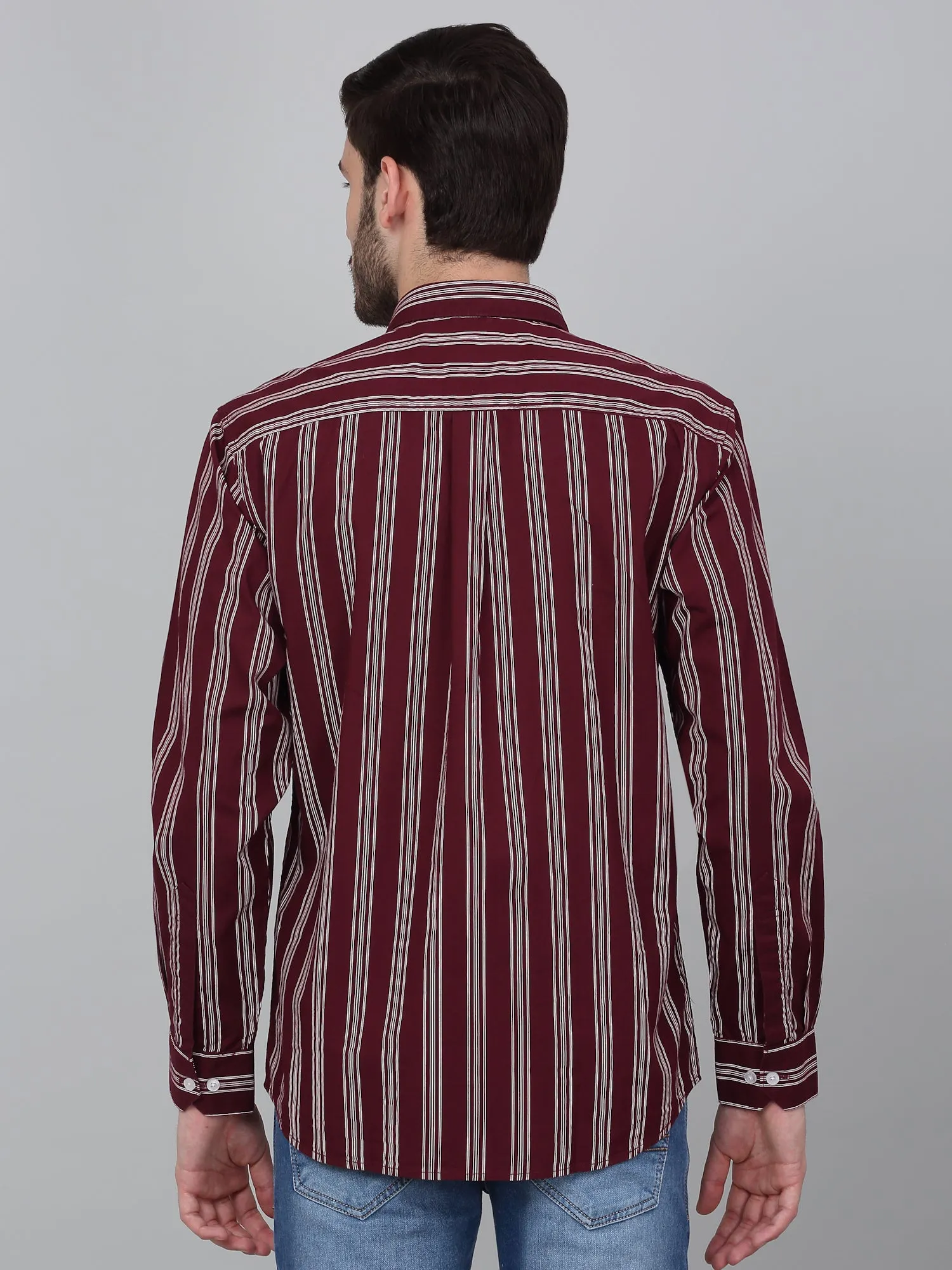 Men's Maroon Striped Full Sleeve Casual Shirt