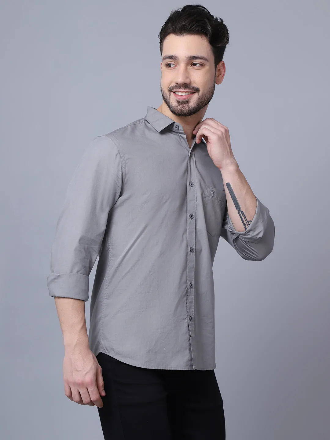 Men's Mid Grey Casual Plain Full Sleeve Shirt