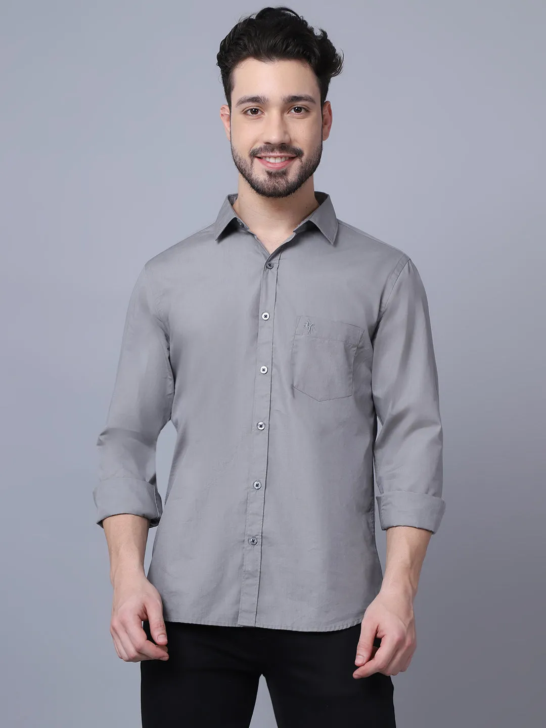 Men's Mid Grey Casual Plain Full Sleeve Shirt