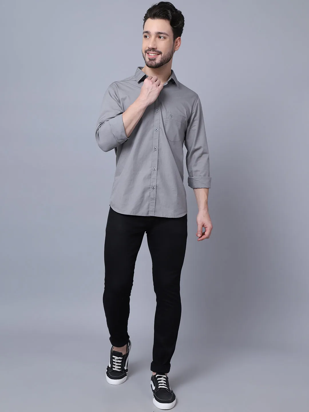 Men's Mid Grey Casual Plain Full Sleeve Shirt