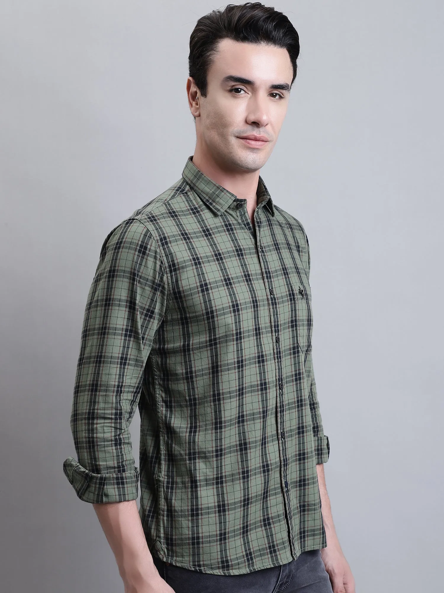 Men's Military Green Casual Medium Checks Full Sleeve Shirt