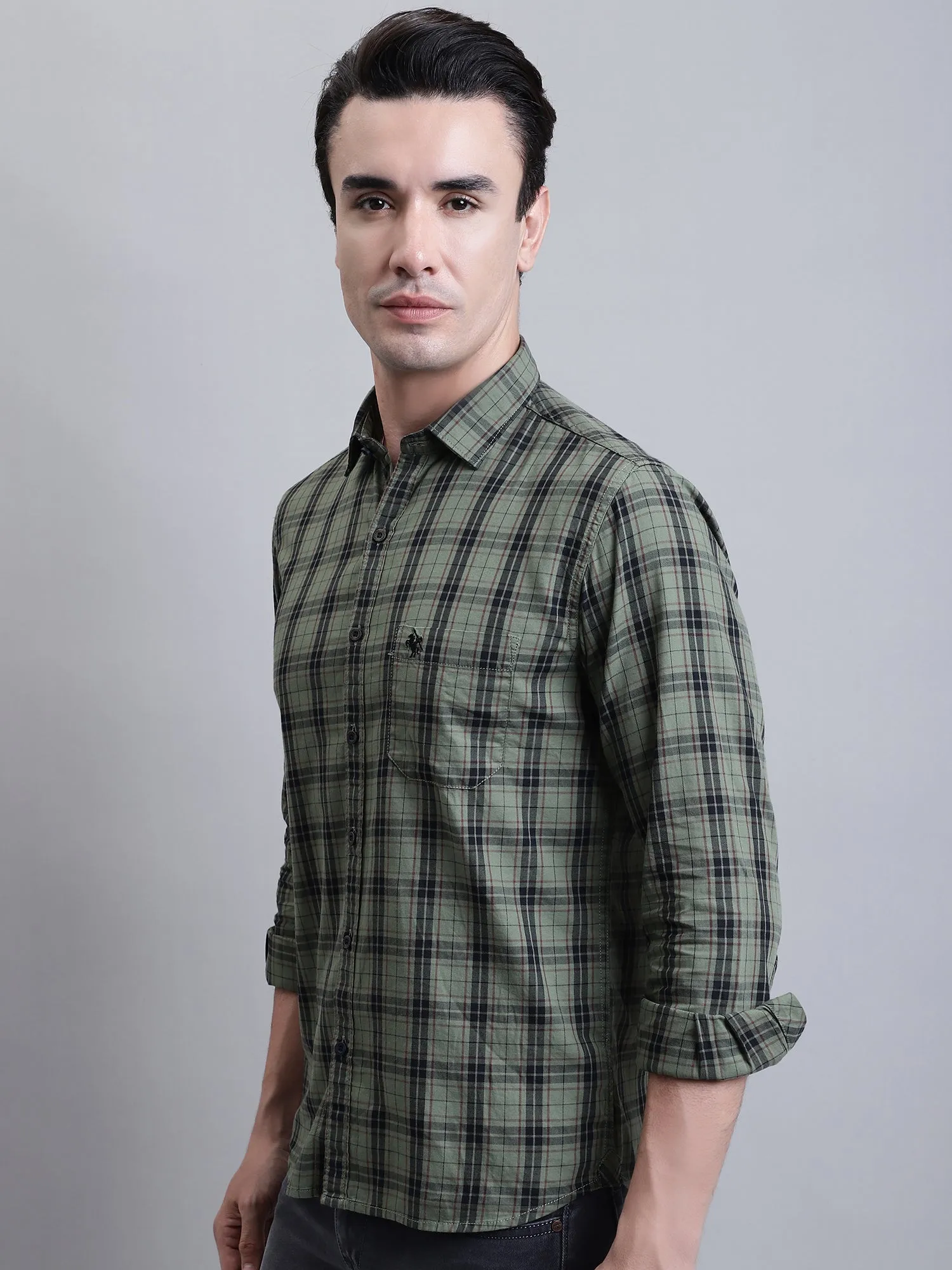 Men's Military Green Casual Medium Checks Full Sleeve Shirt