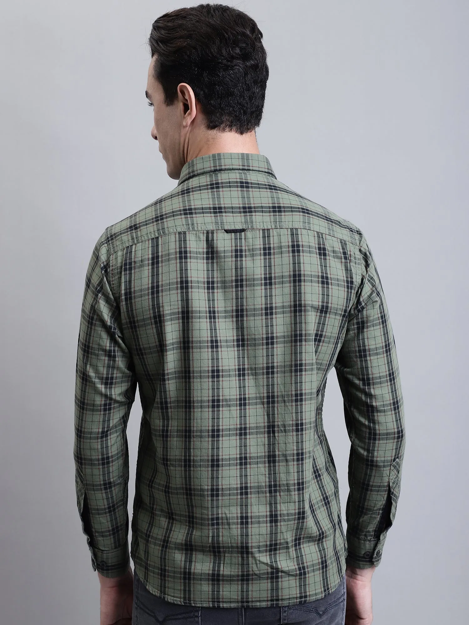 Men's Military Green Casual Medium Checks Full Sleeve Shirt