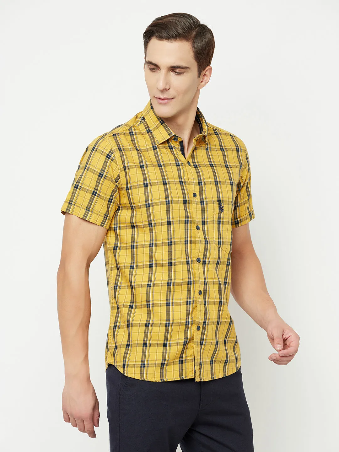 Men's Mustard Casual Medium Checks Half Sleeve Shirt