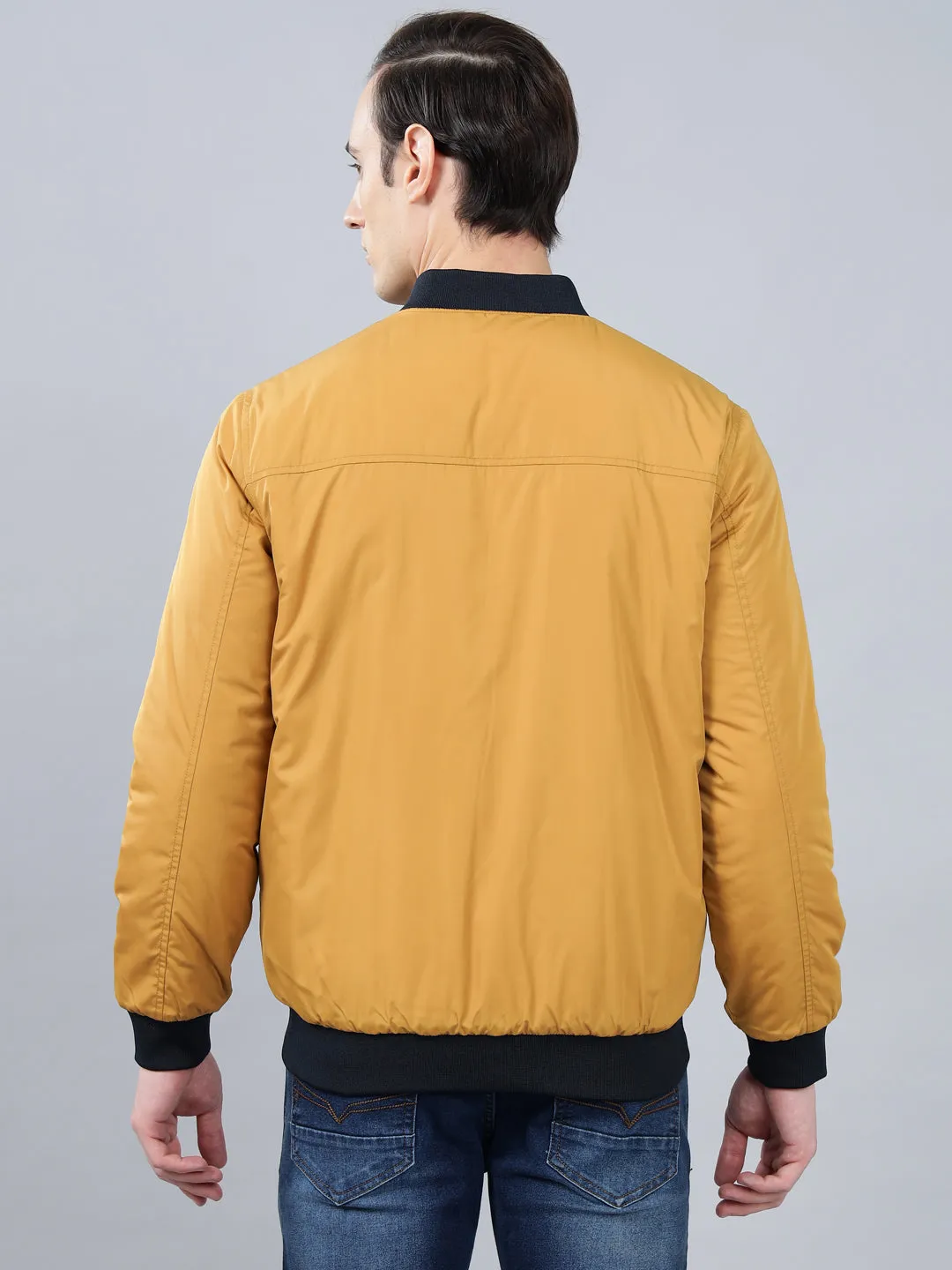 Men's Mustard Solid Mock Neck Reversible Winter Jacket