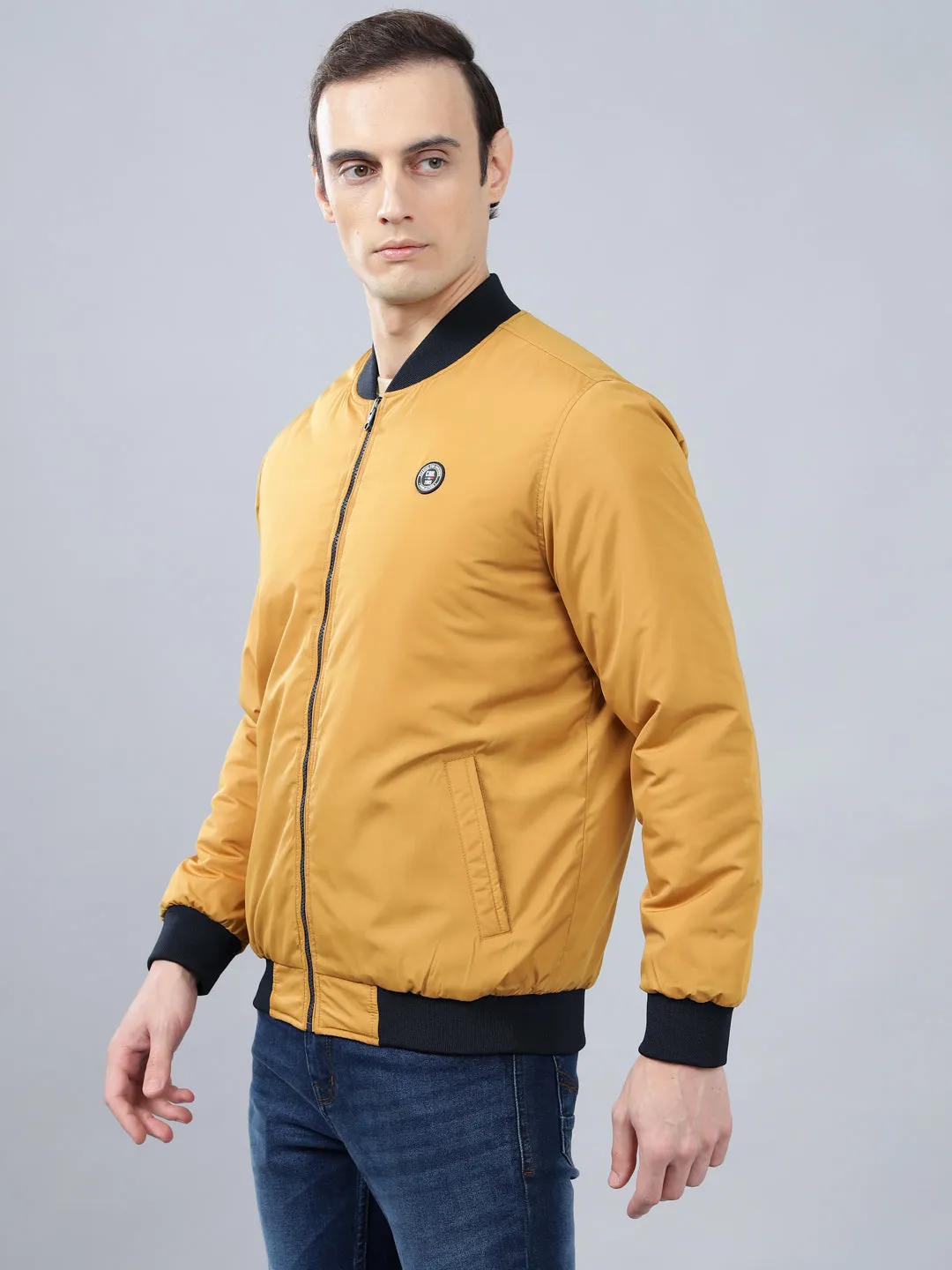 Men's Mustard Solid Mock Neck Reversible Winter Jacket