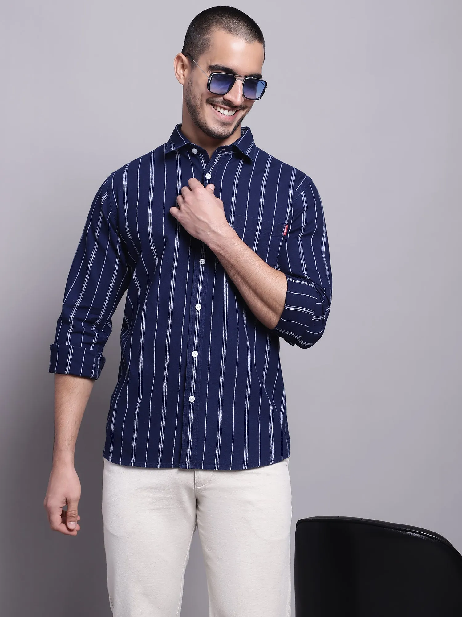 Men's Navy Blue Casual Broad Stripe Full Sleeve Shirt