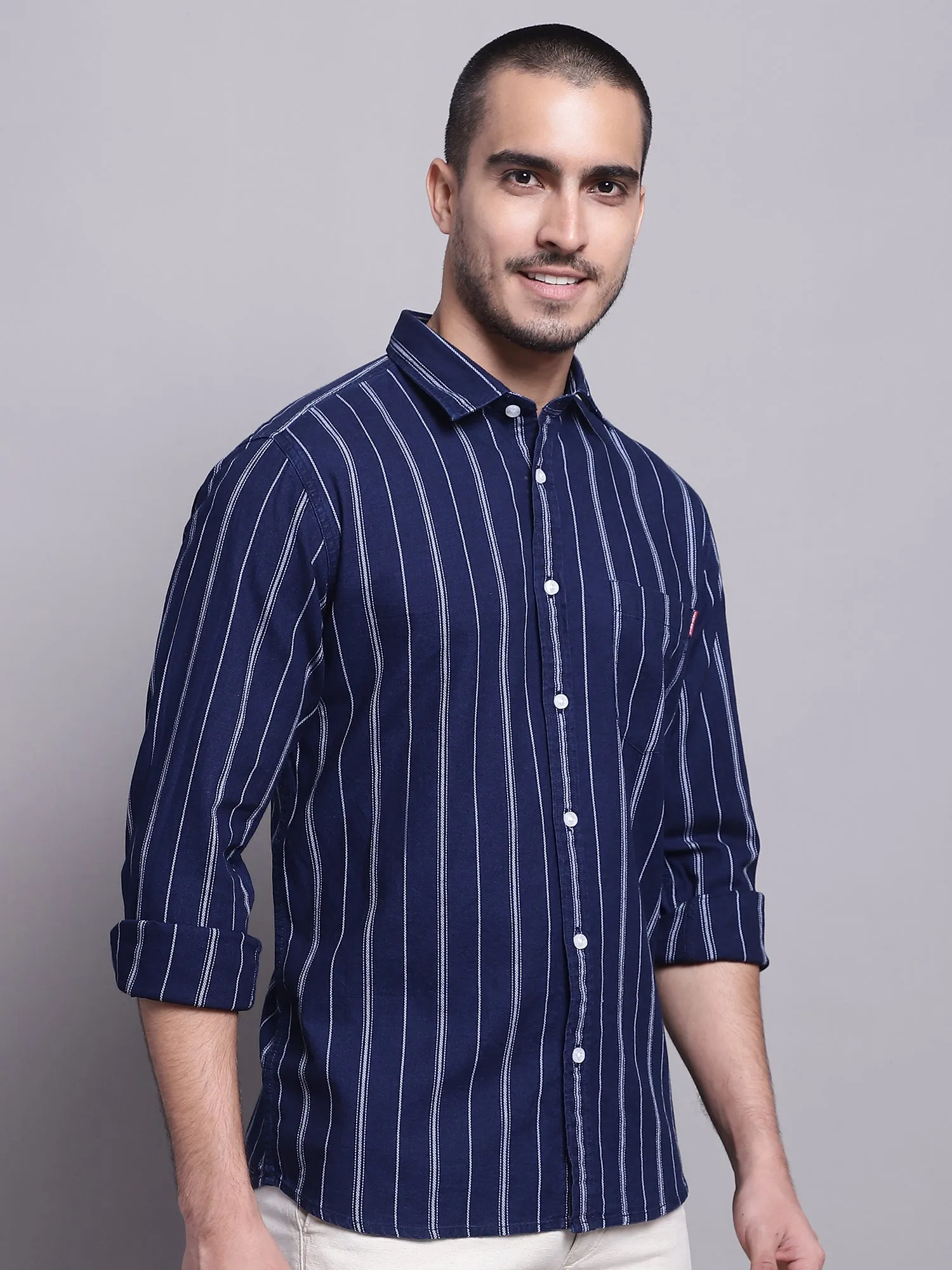 Men's Navy Blue Casual Broad Stripe Full Sleeve Shirt