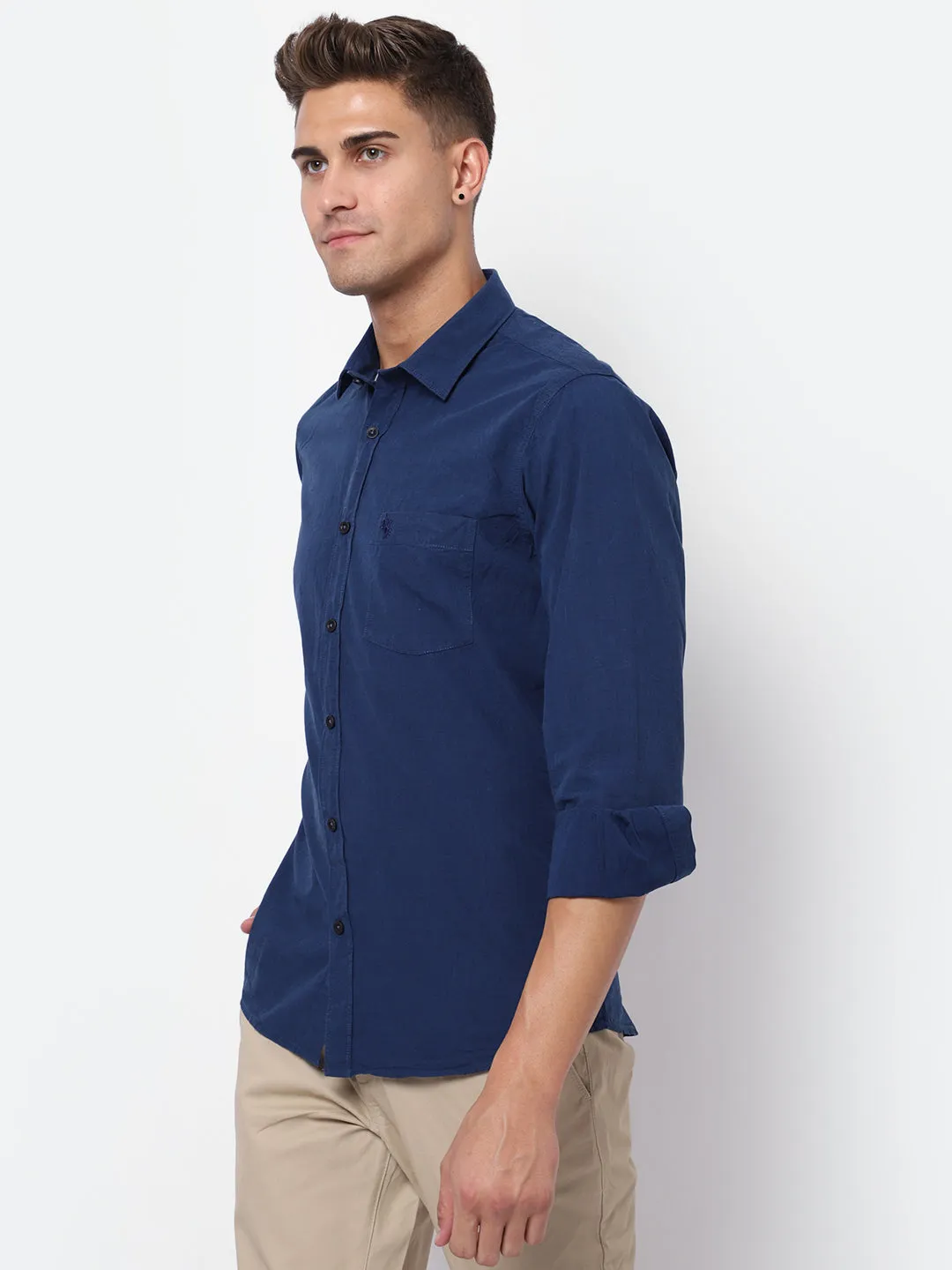 Men's Navy Blue Casual Fil a Fil Plain Full Sleeve Shirt