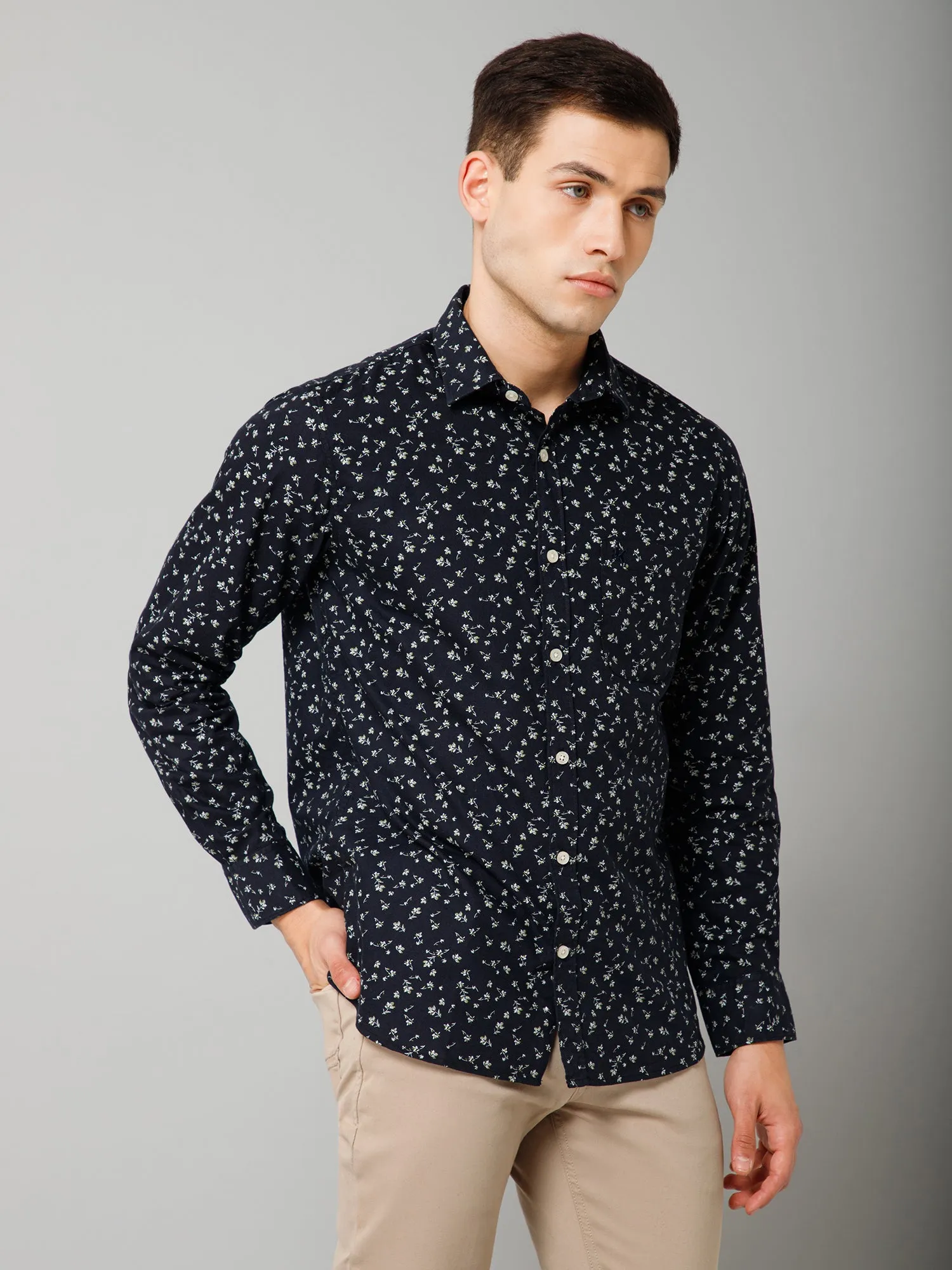 Men's Navy Blue  Casual Floral Print Full Sleeve Shirt