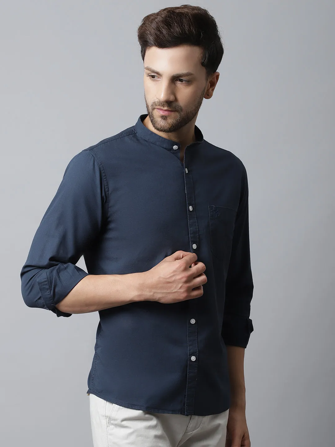 Men's Navy Blue Casual Plain Full Sleeve Shirt