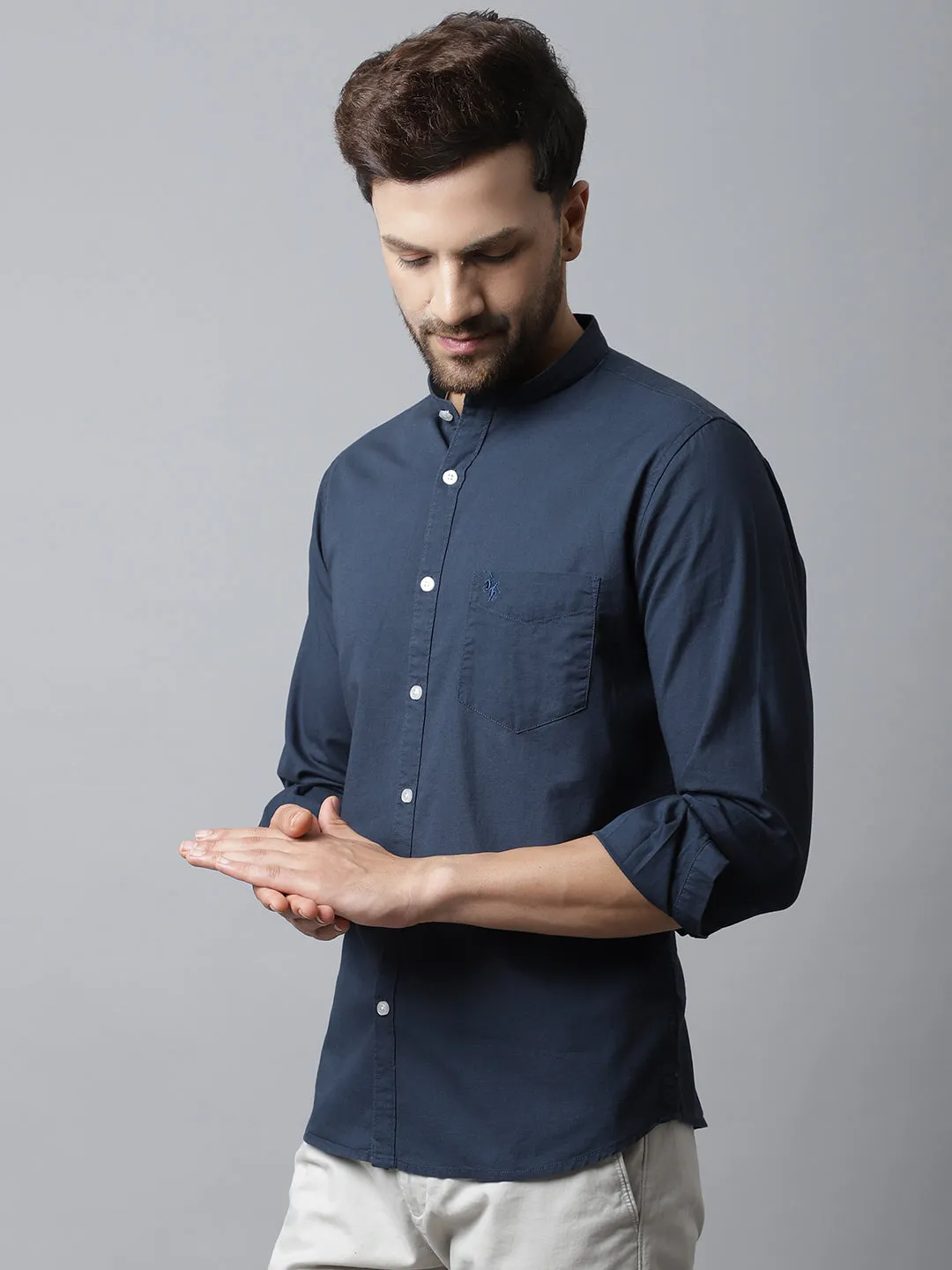 Men's Navy Blue Casual Plain Full Sleeve Shirt