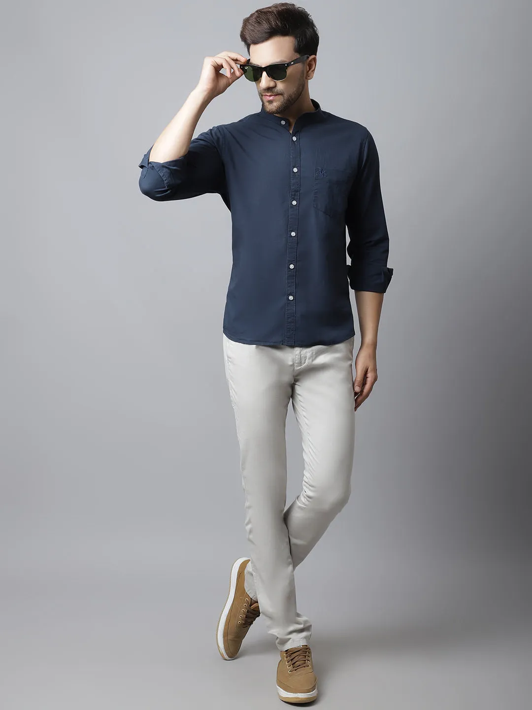 Men's Navy Blue Casual Plain Full Sleeve Shirt