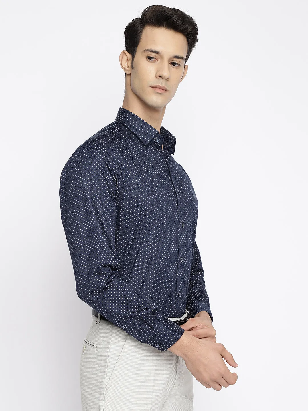 Men's Navy Blue Party Dot Print Full Sleeve Shirt