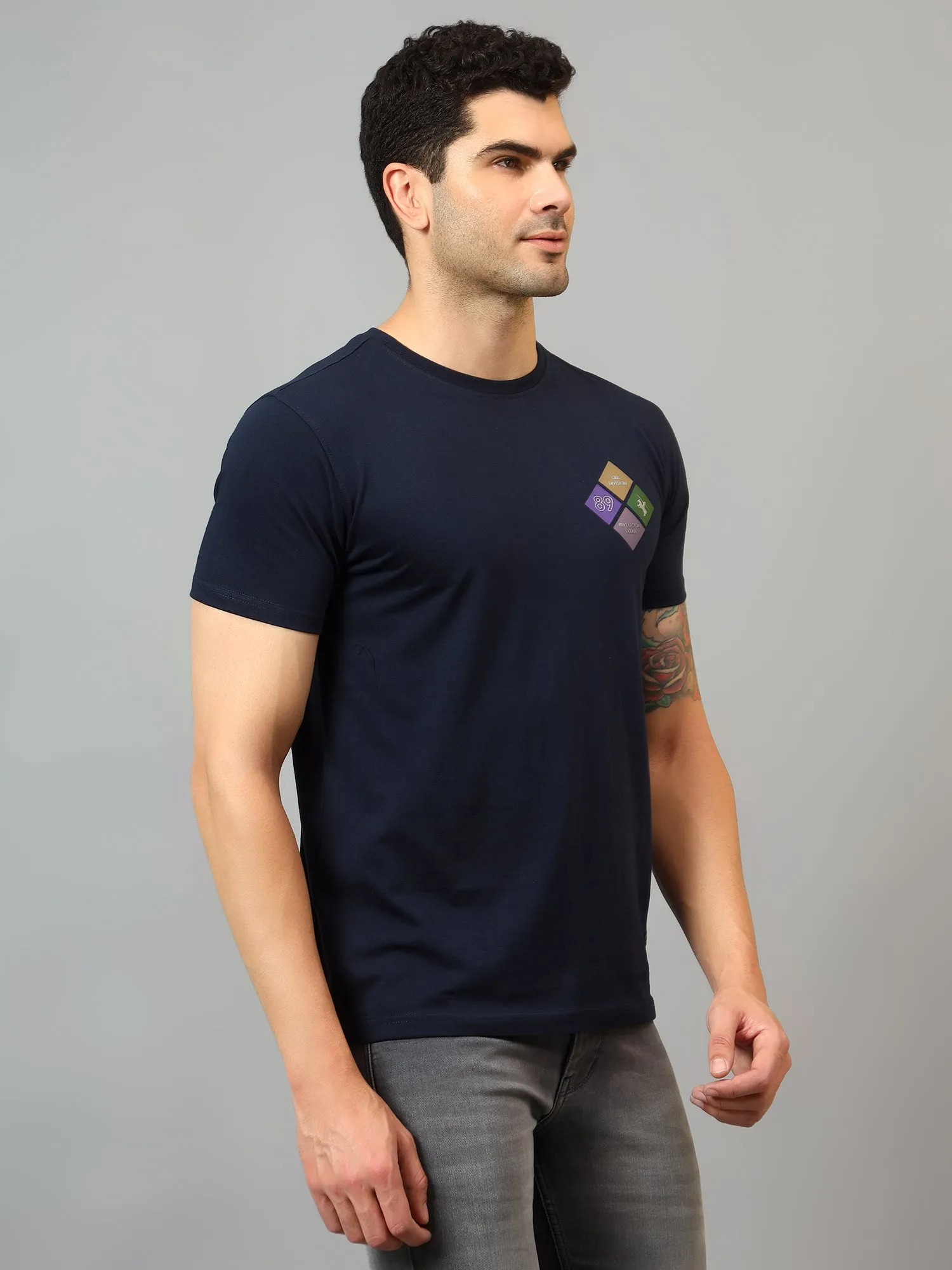 Men's Navy Blue Round neck Half Sleeve T-Shirt with Chest Stamp Print