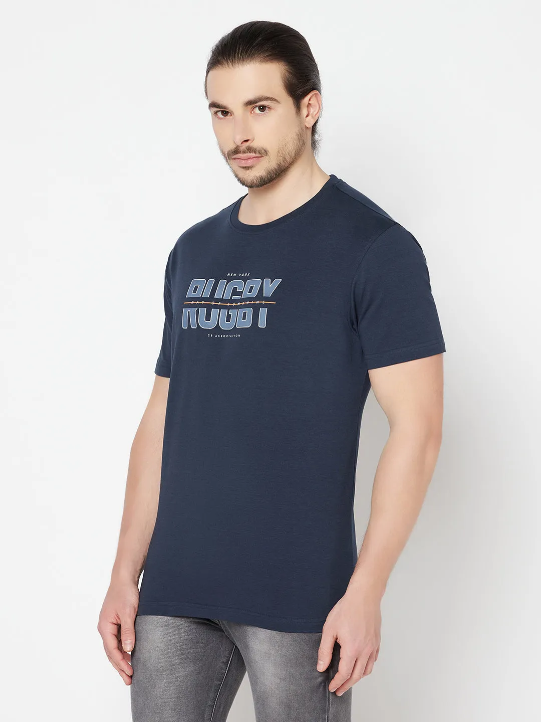 Men's Navy Blue Round neck Half Sleeve T-Shirt with Typographic print