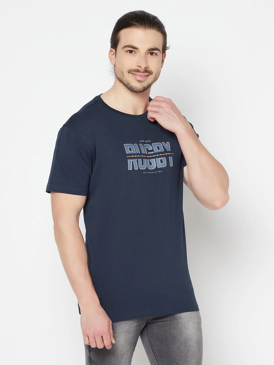 Men's Navy Blue Round neck Half Sleeve T-Shirt with Typographic print