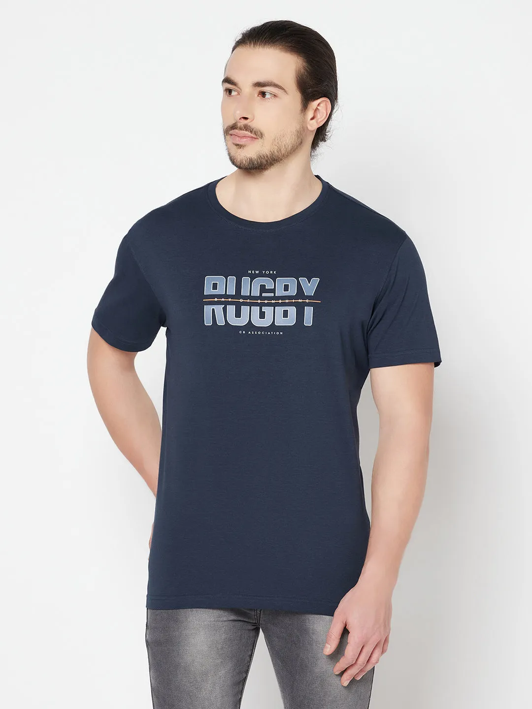 Men's Navy Blue Round neck Half Sleeve T-Shirt with Typographic print