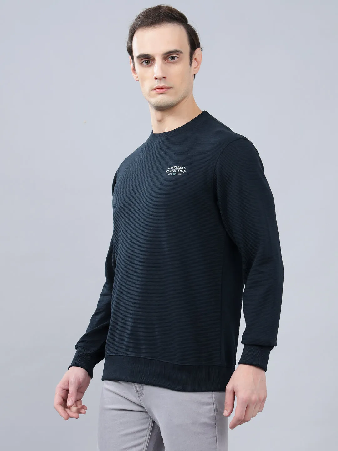 Men's Navy Blue Self Design Full Sleeves T-shirt For Winter