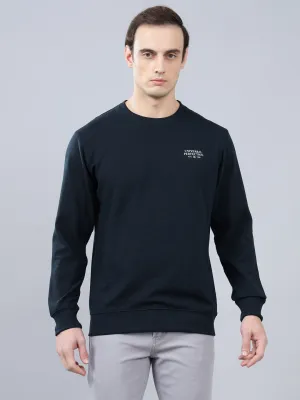 Men's Navy Blue Self Design Full Sleeves T-shirt For Winter