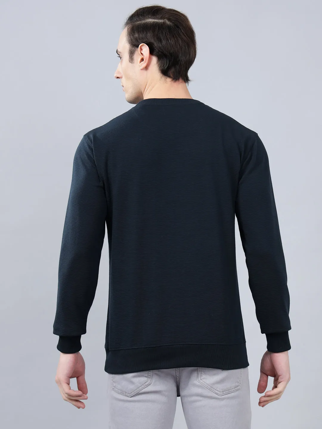 Men's Navy Blue Self Design Full Sleeves T-shirt For Winter