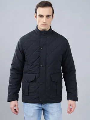 Men's Navy Blue Solid Stand Collar Winter Jacket