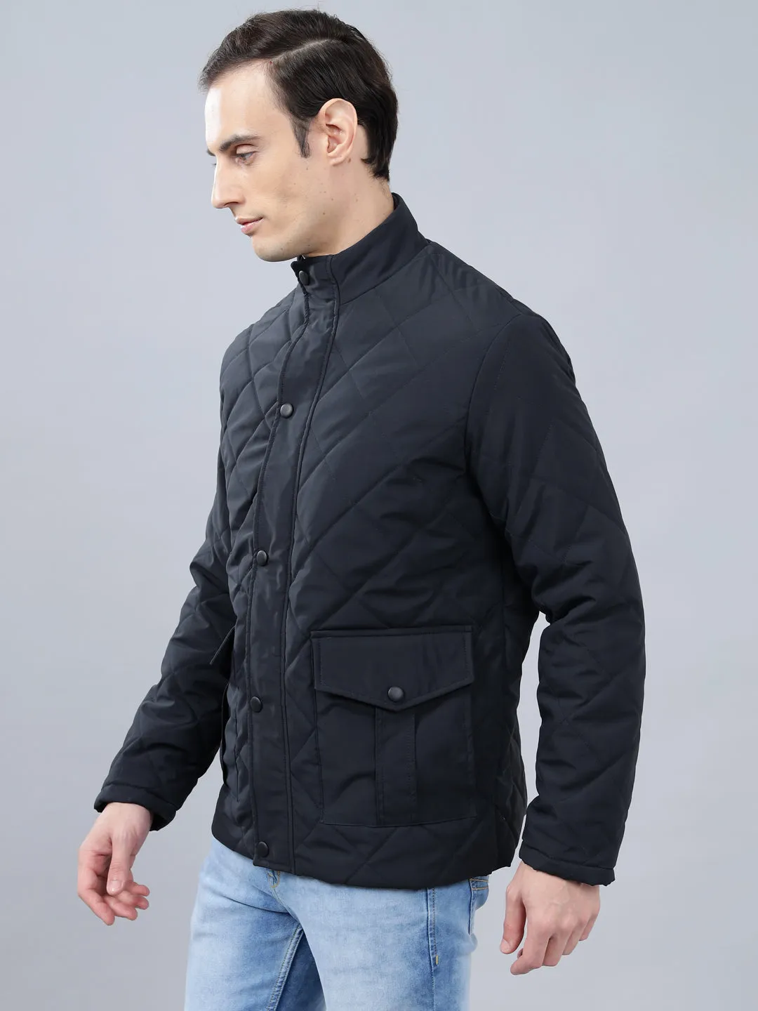 Men's Navy Blue Solid Stand Collar Winter Jacket