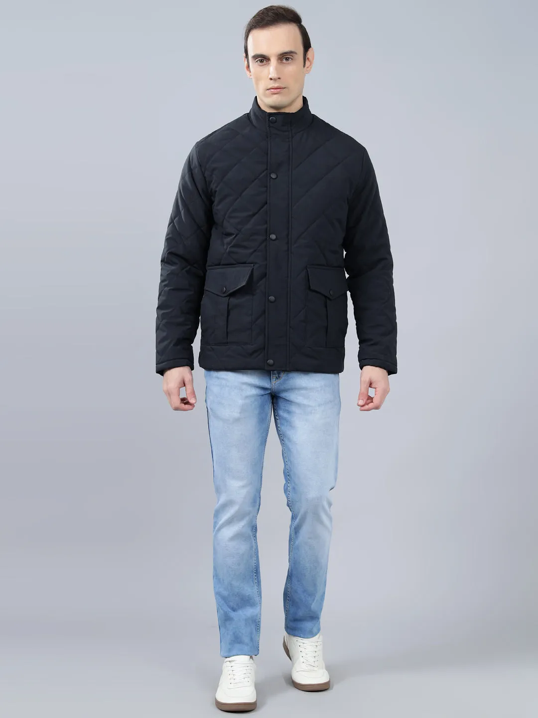 Men's Navy Blue Solid Stand Collar Winter Jacket