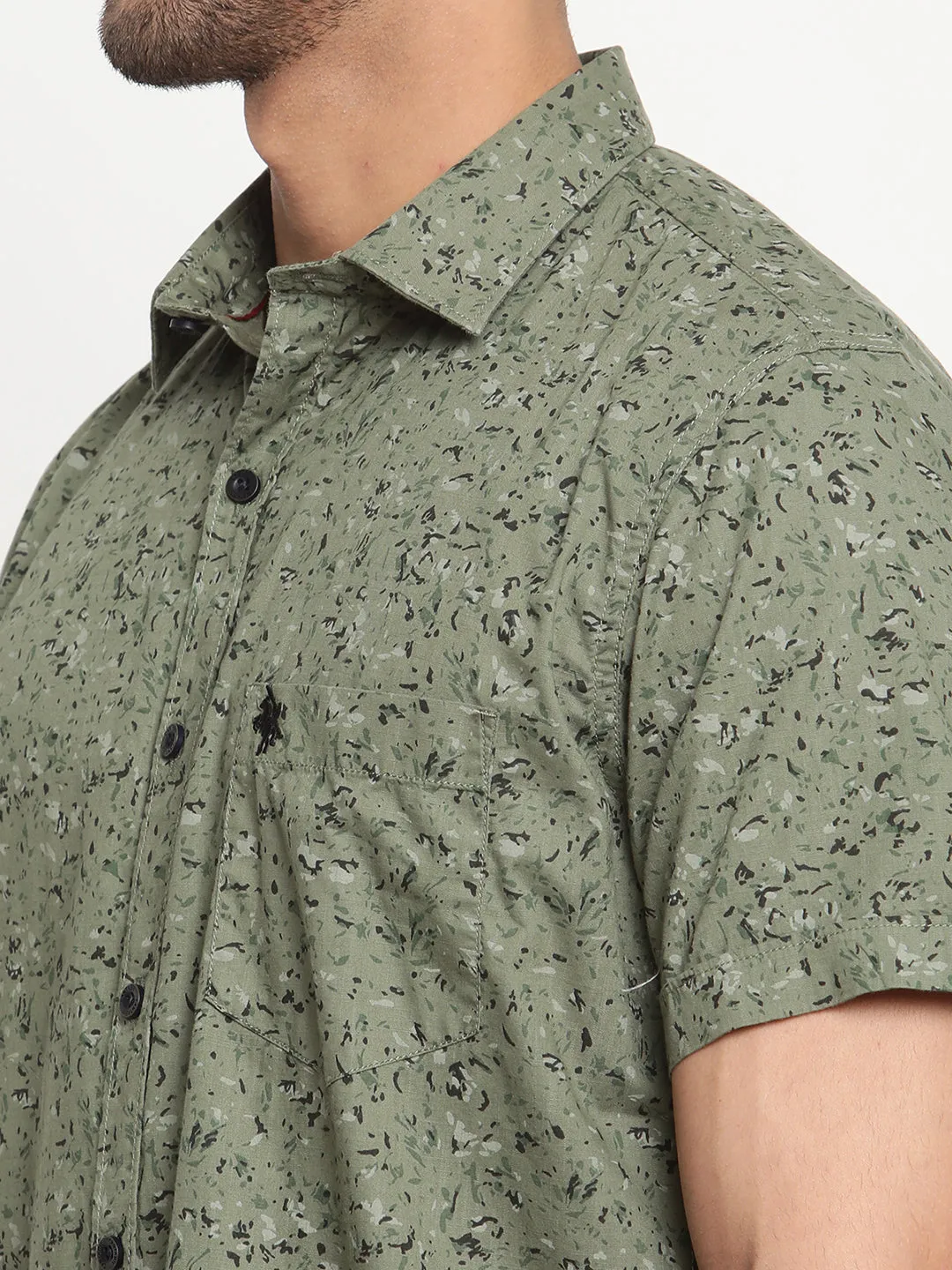 Men's Olive Green Casual Abstract Print Half Sleeve Shirt