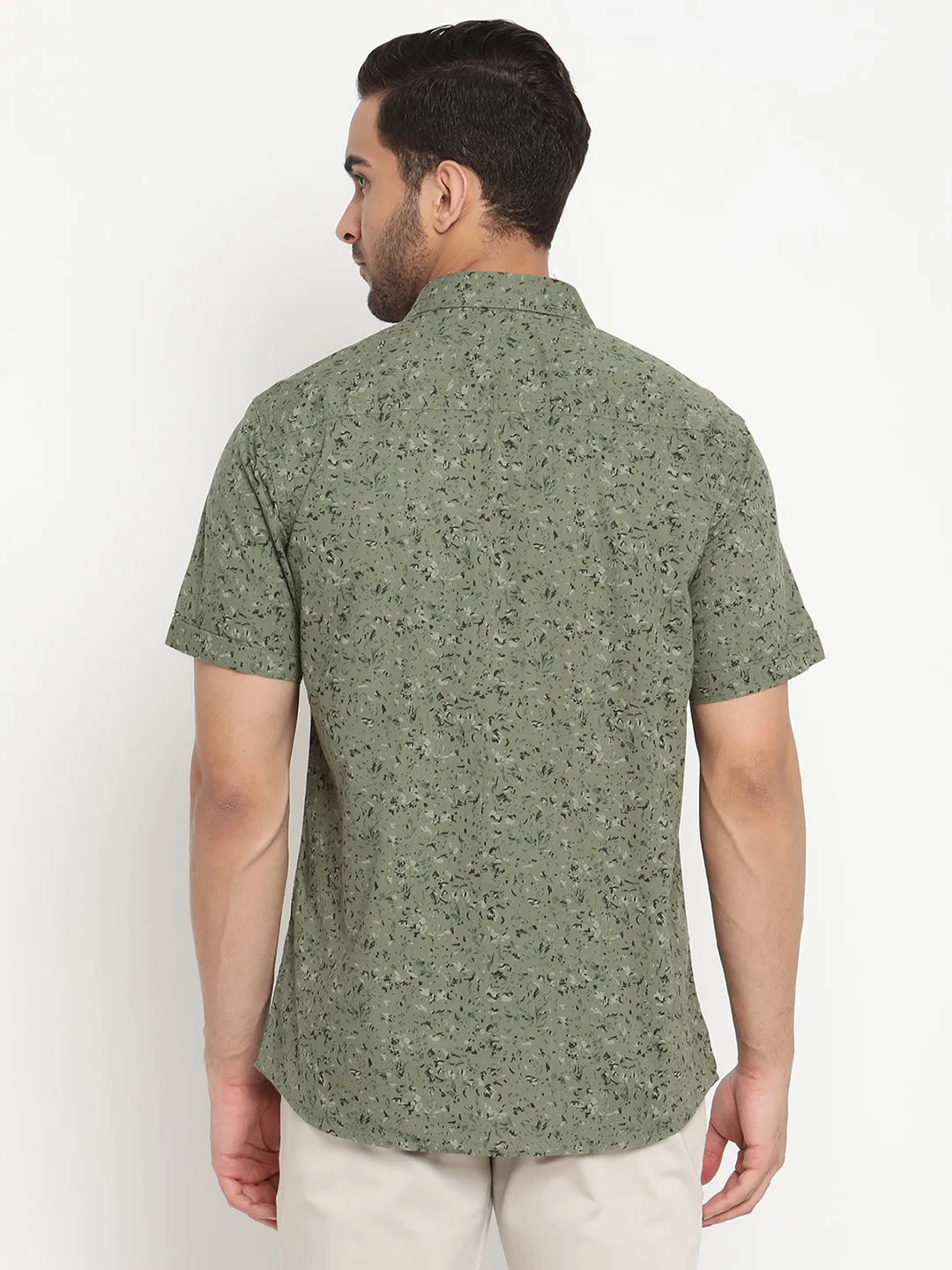 Men's Olive Green Casual Abstract Print Half Sleeve Shirt