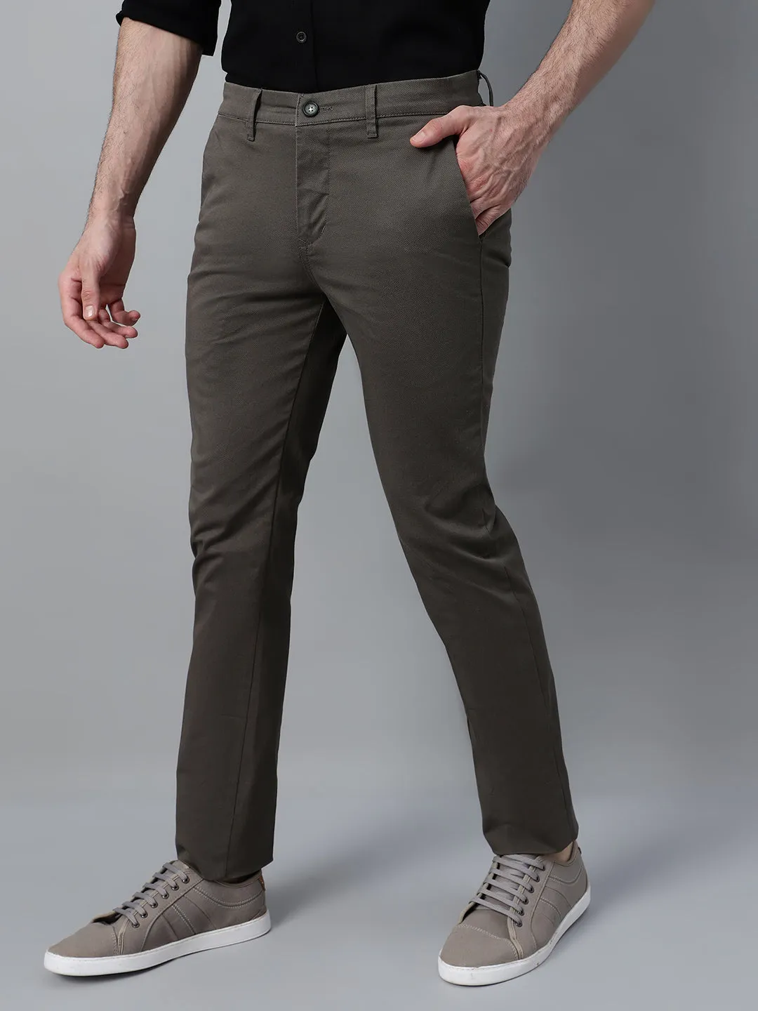 Men's Olive Green Self Design Non-Pleated Casual Trouser