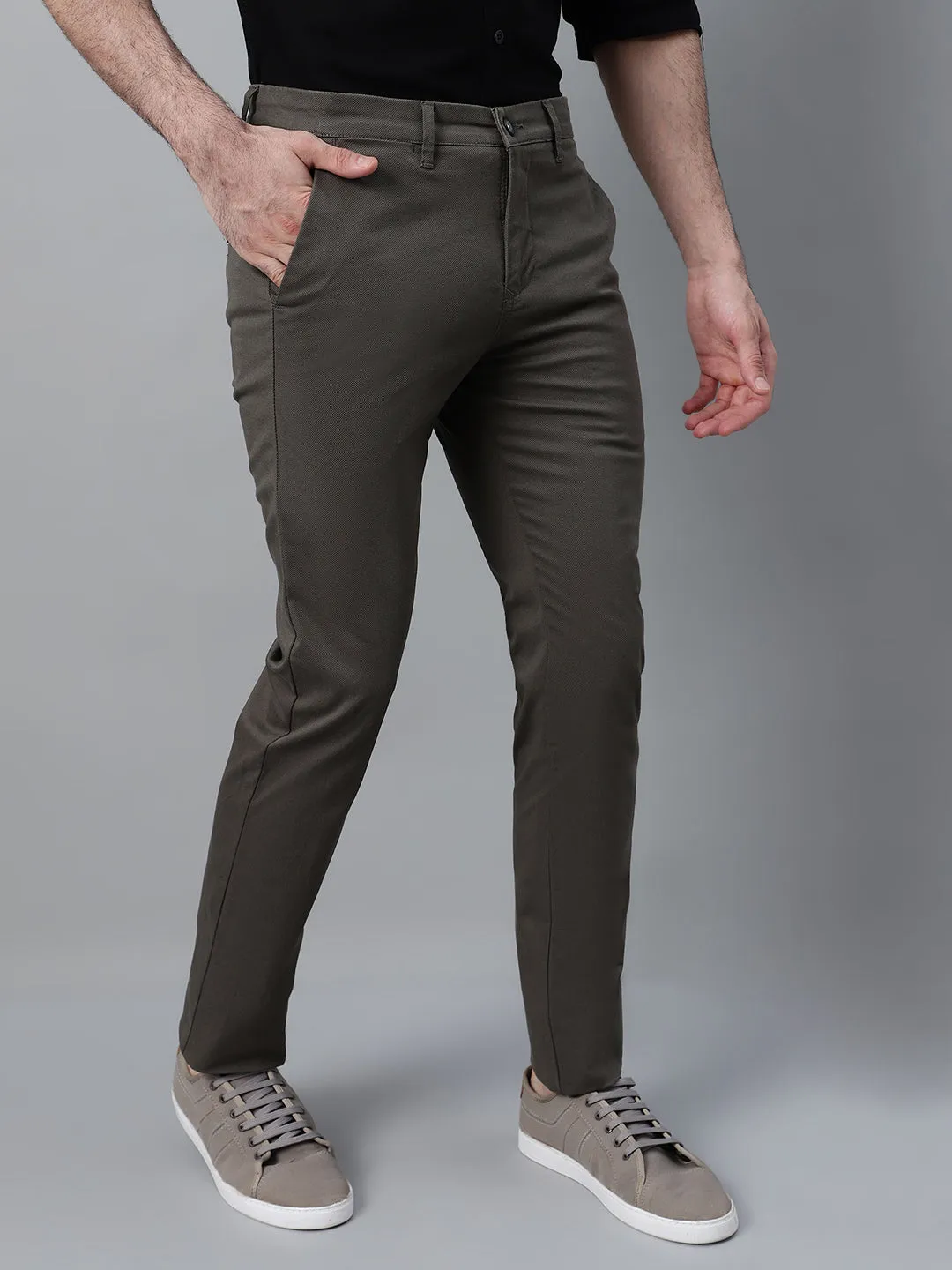 Men's Olive Green Self Design Non-Pleated Casual Trouser