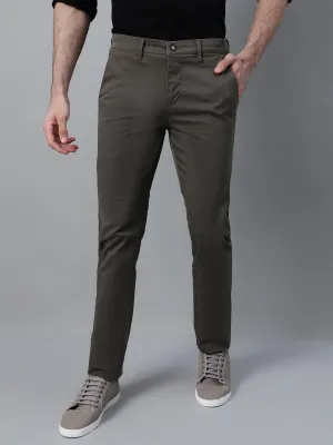 Men's Olive Green Self Design Non-Pleated Casual Trouser