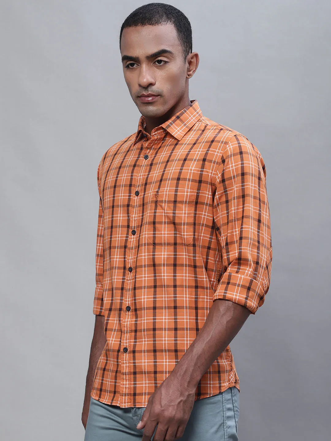 Men's Orange Casual Big Checks Full Sleeve Shirt