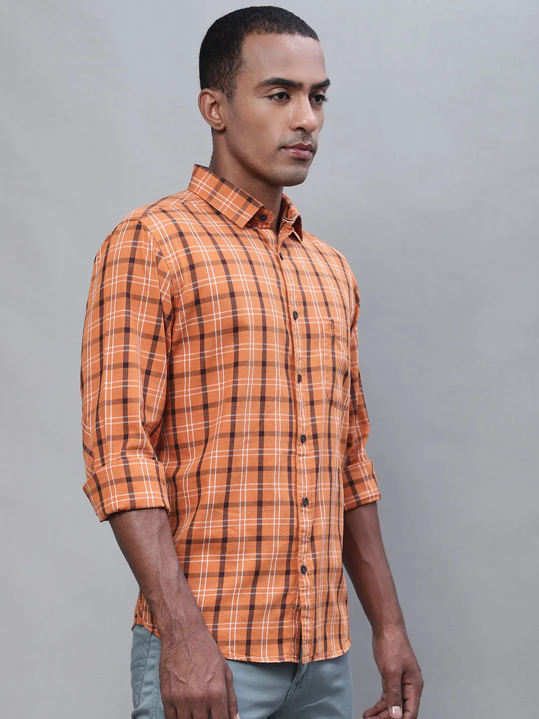 Men's Orange Casual Big Checks Full Sleeve Shirt