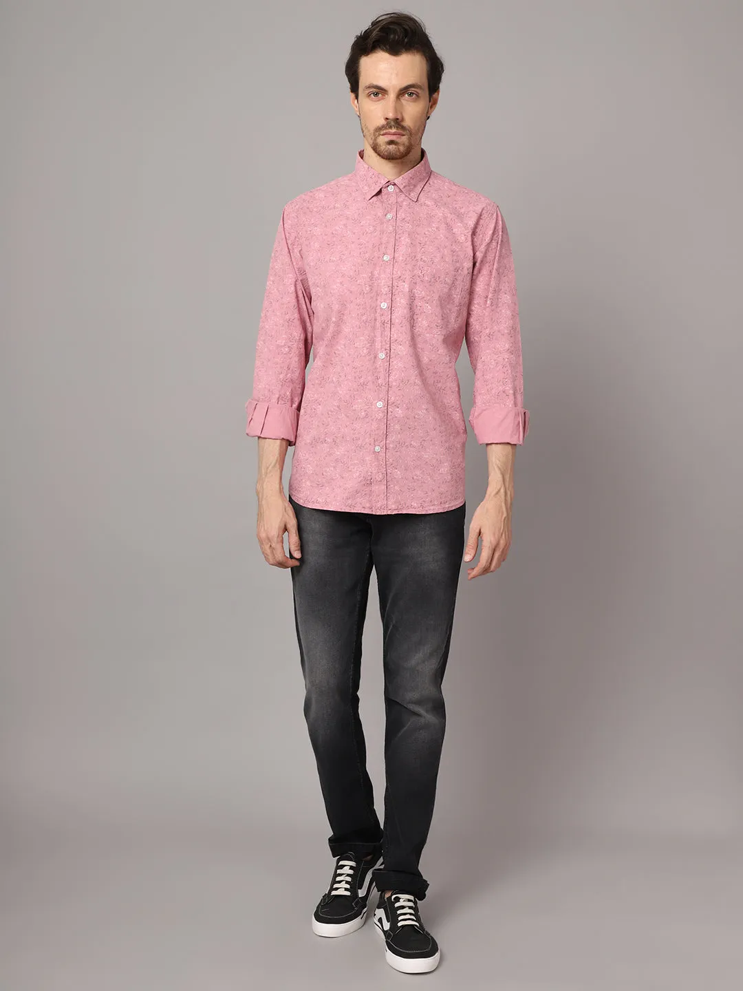 Men's Pink Casual Floral Print Full Sleeve Shirt